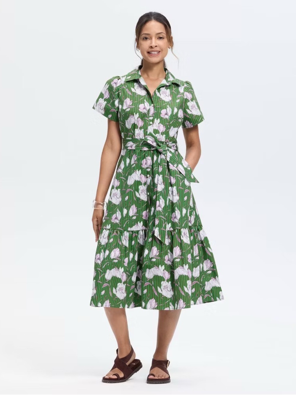 a new day Green Floral Tie-Belt Collared Midi Dress